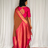 Mishrita Meenakari Border Chiffon Saree - Brown, Pink and Orange