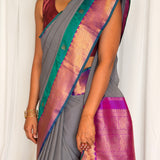 Mishrita Meenakari Border Chiffon Saree - Grey, Purple and Peacock Blue
