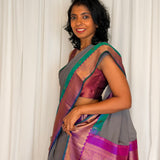Mishrita Meenakari Border Chiffon Saree - Grey, Purple and Peacock Blue