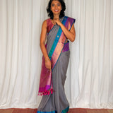Mishrita Meenakari Border Chiffon Saree - Grey, Purple and Peacock Blue