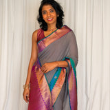 Mishrita Meenakari Border Chiffon Saree - Grey, Purple and Peacock Blue