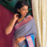 Mishrita Meenakari Border Chiffon Saree - Grey, Purple and Peacock Blue