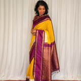 Mishrita Twin Border Chiffon Saree - Yellow, Violet and Cream