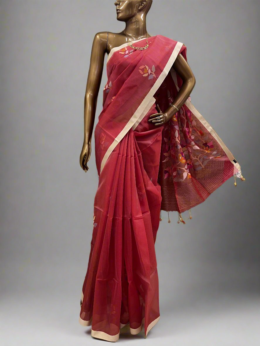 Red organza jamdani saree