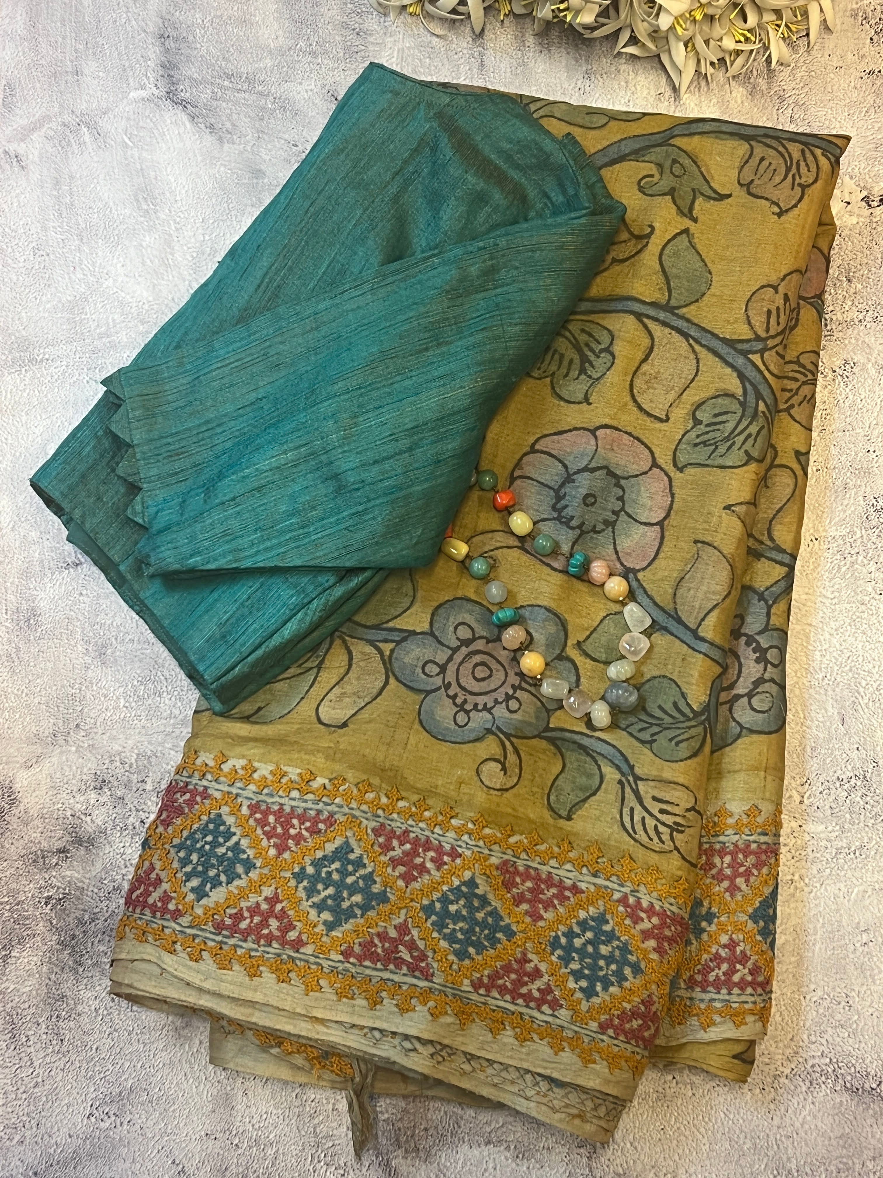 Tushara kalamkari kutchwork tussar saree