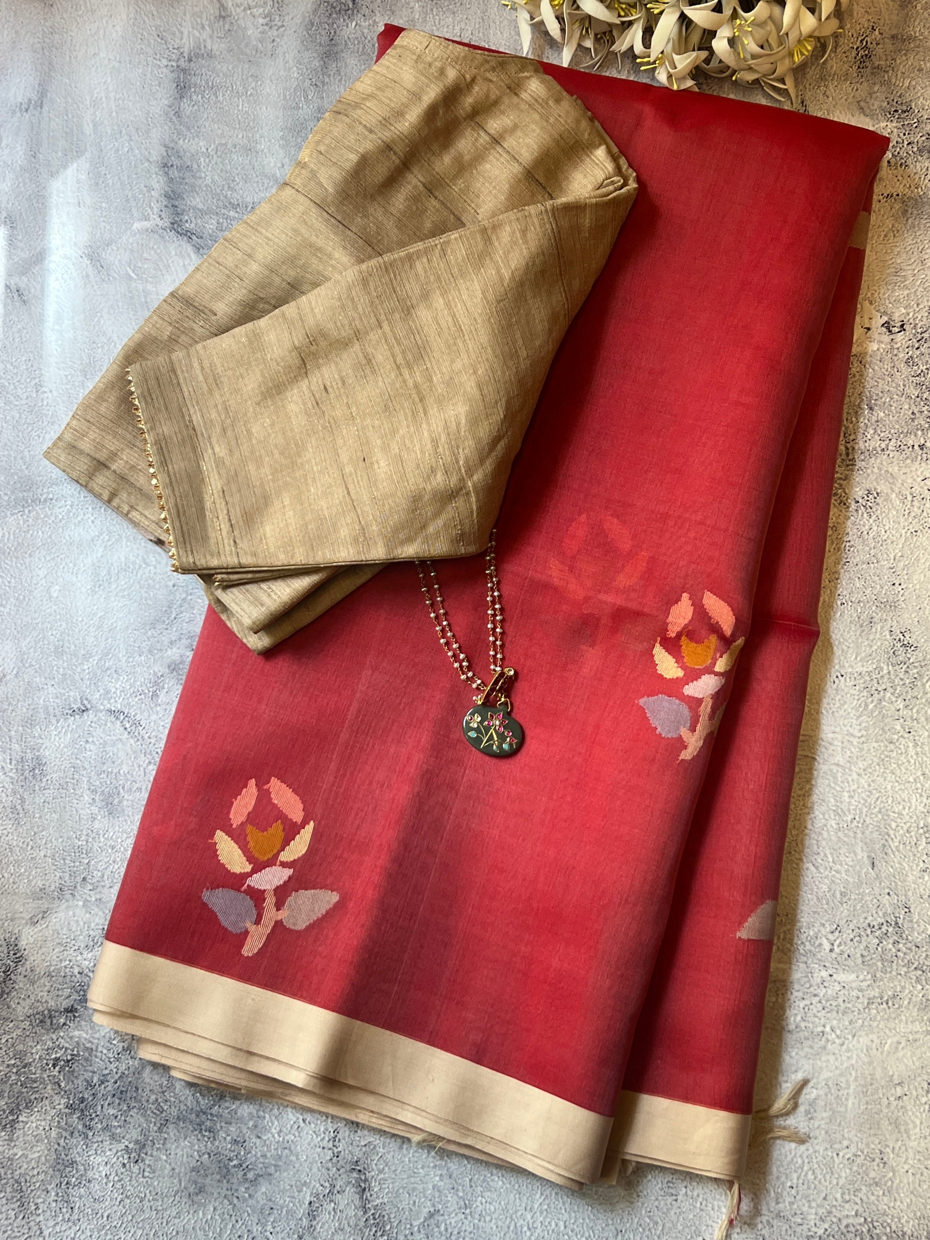 Red organza jamdani saree