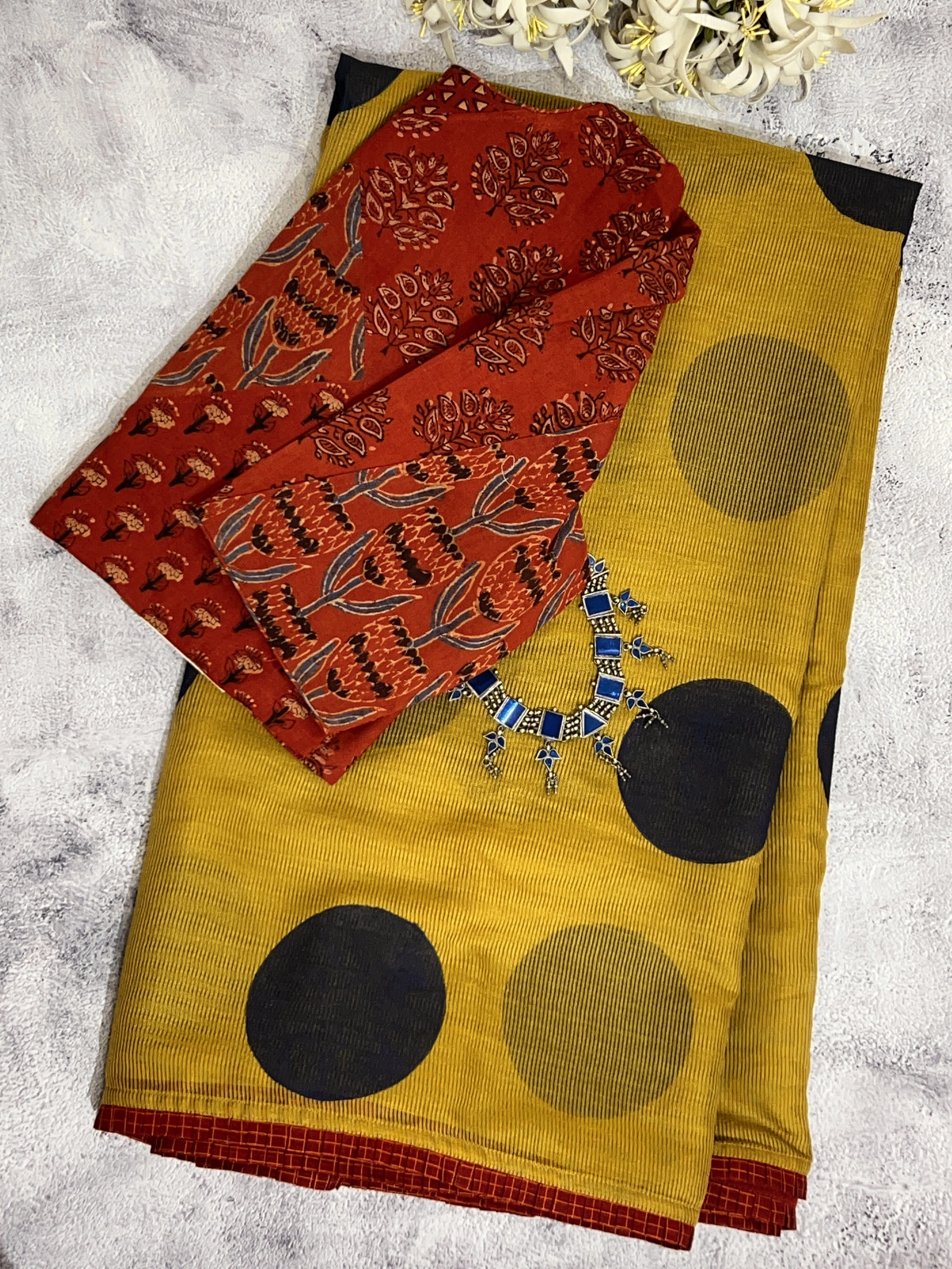 Yellow polka kota handprinted saree