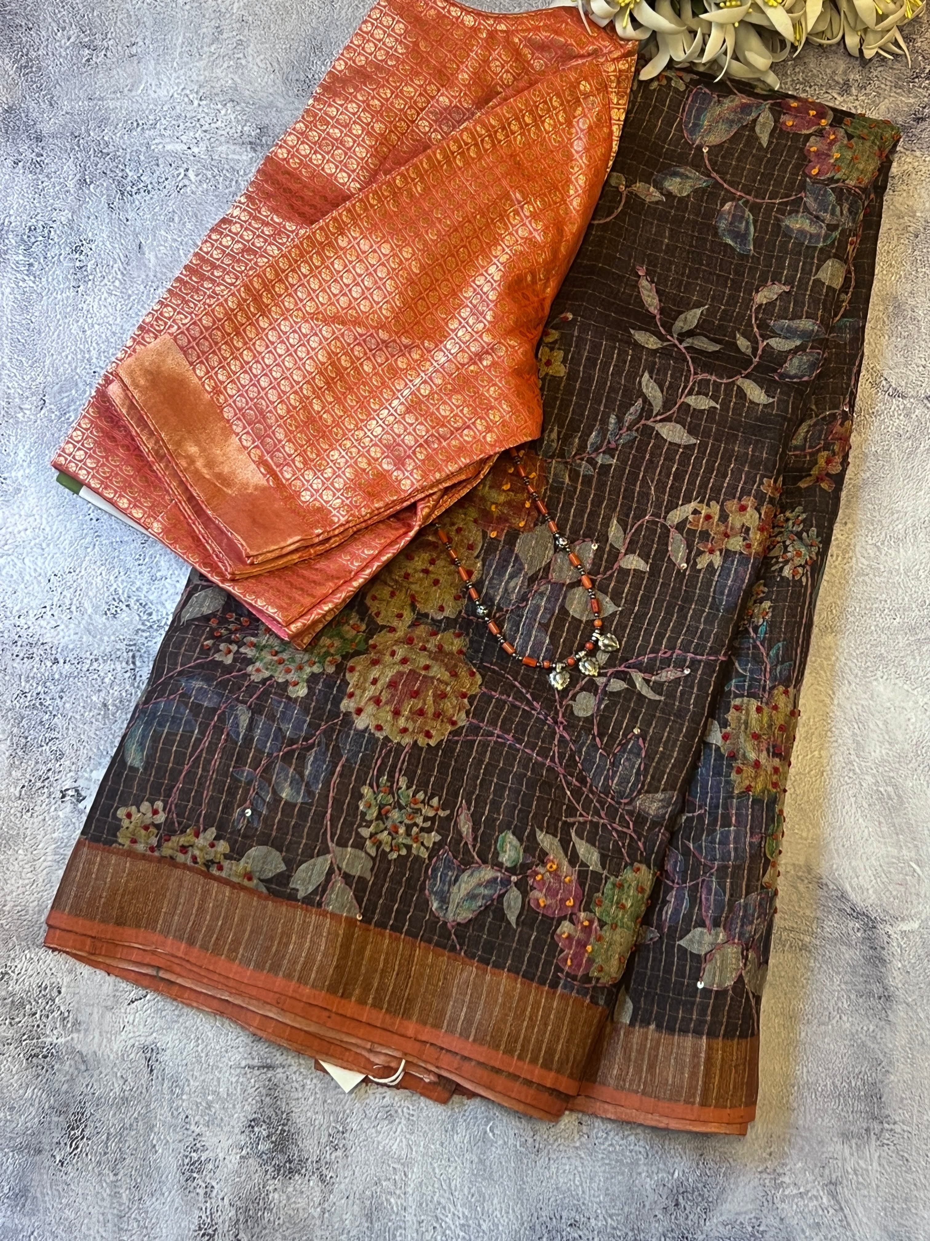 Brown embroidered tussar saree