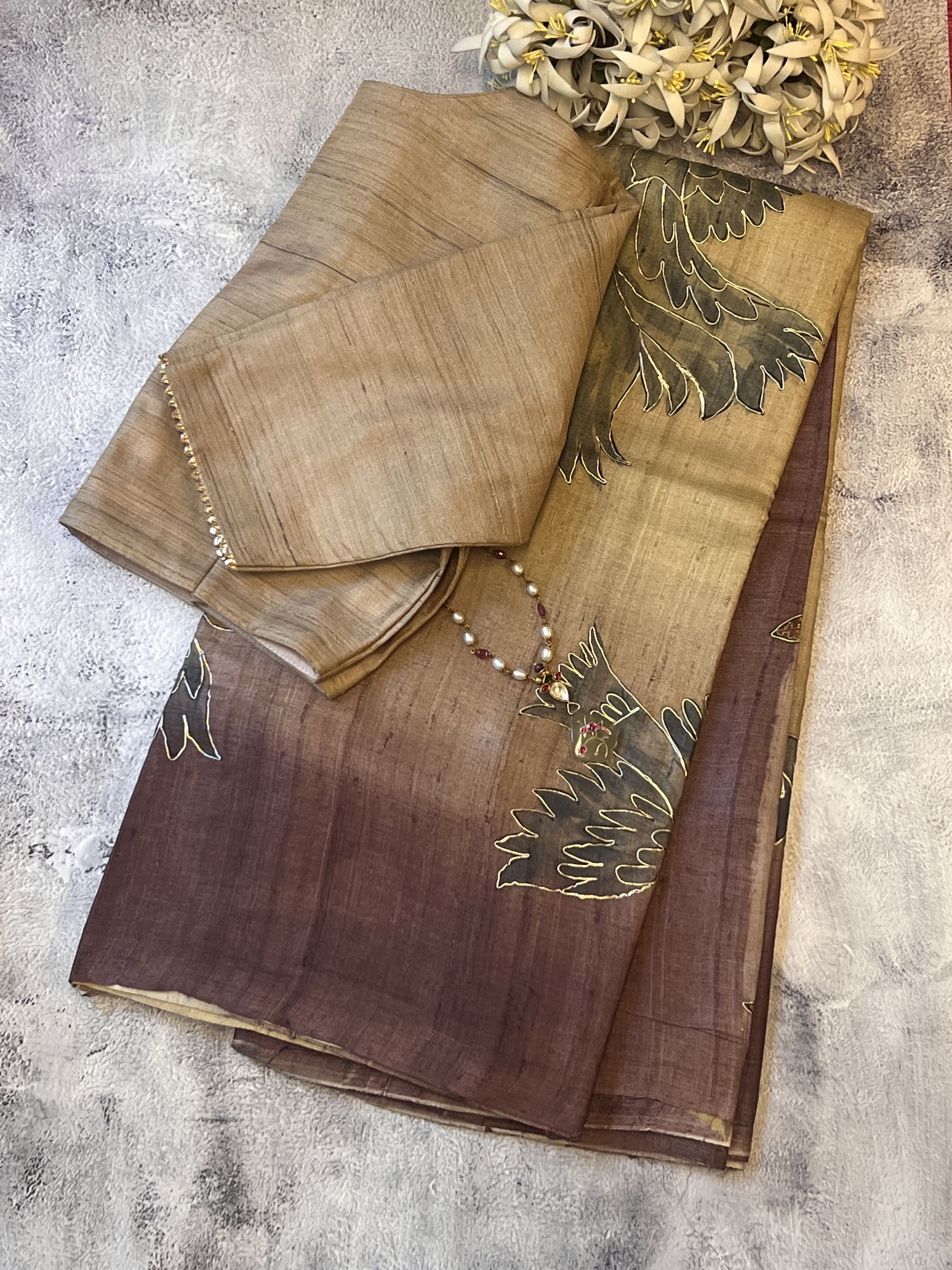 Hand printed tussar saree