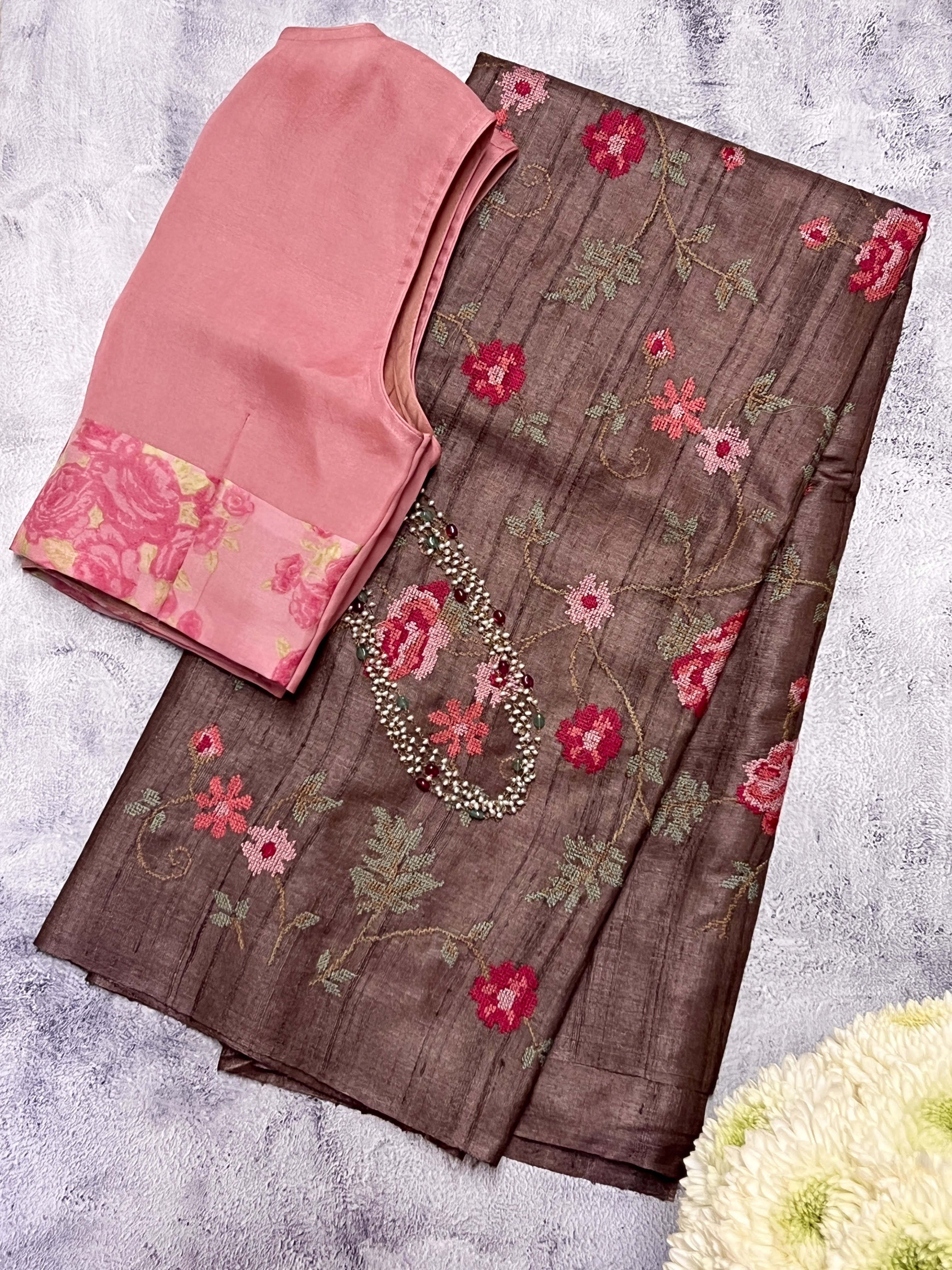 Cross stitch embroidered tussar silk saree