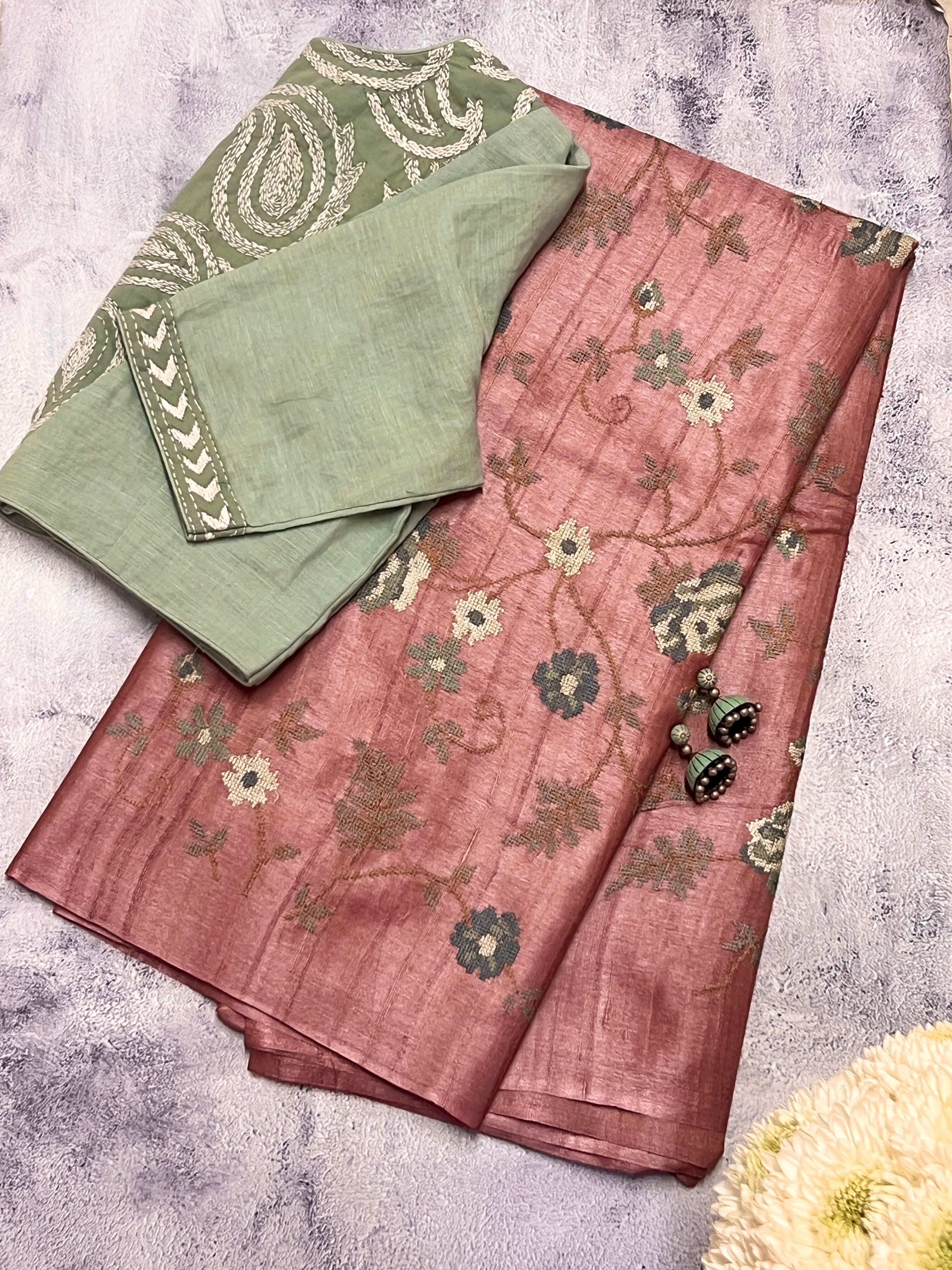 Cross stitch embroidered tussar silk saree