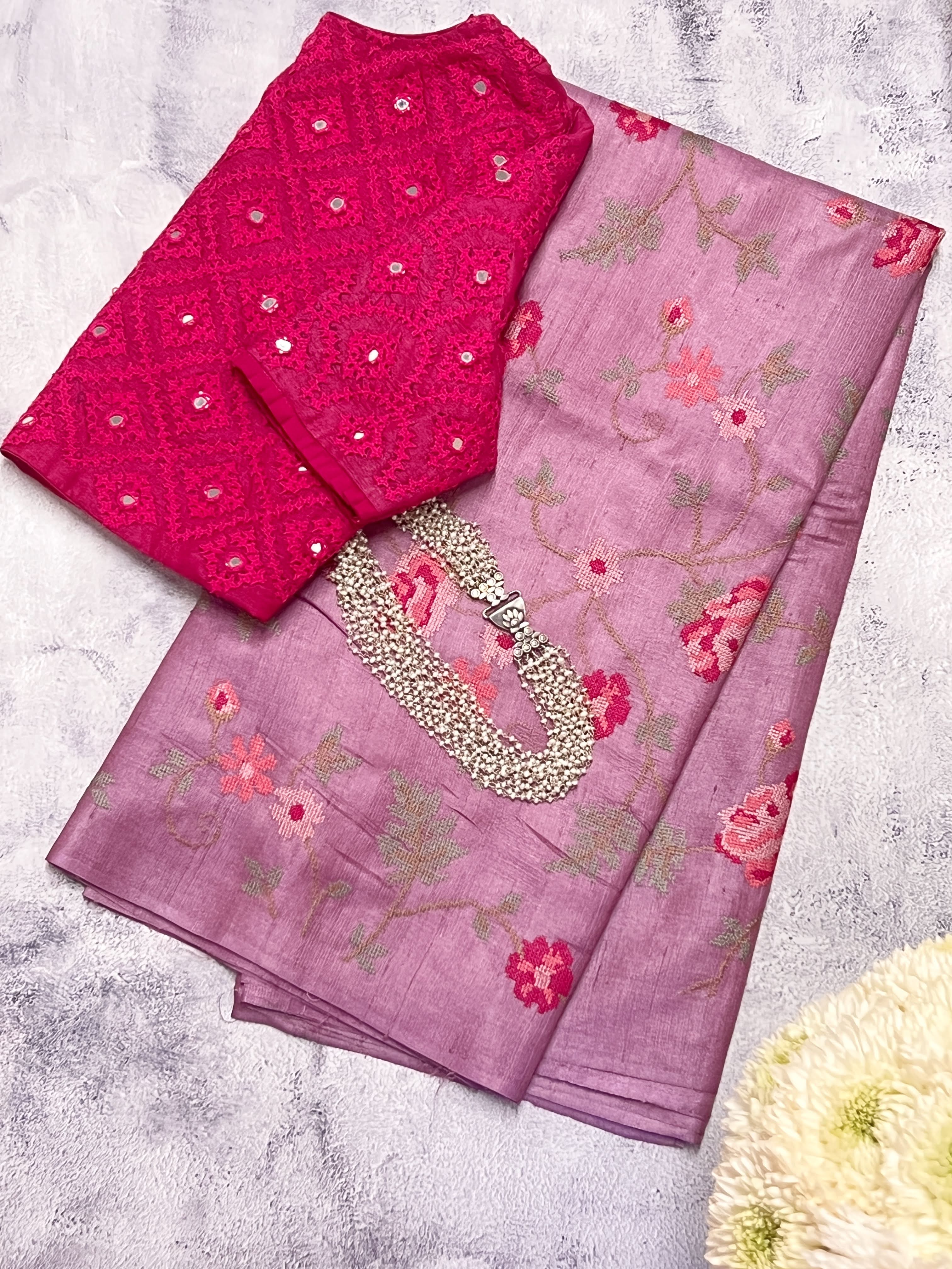 Cross stitch embroidered tussar silk saree