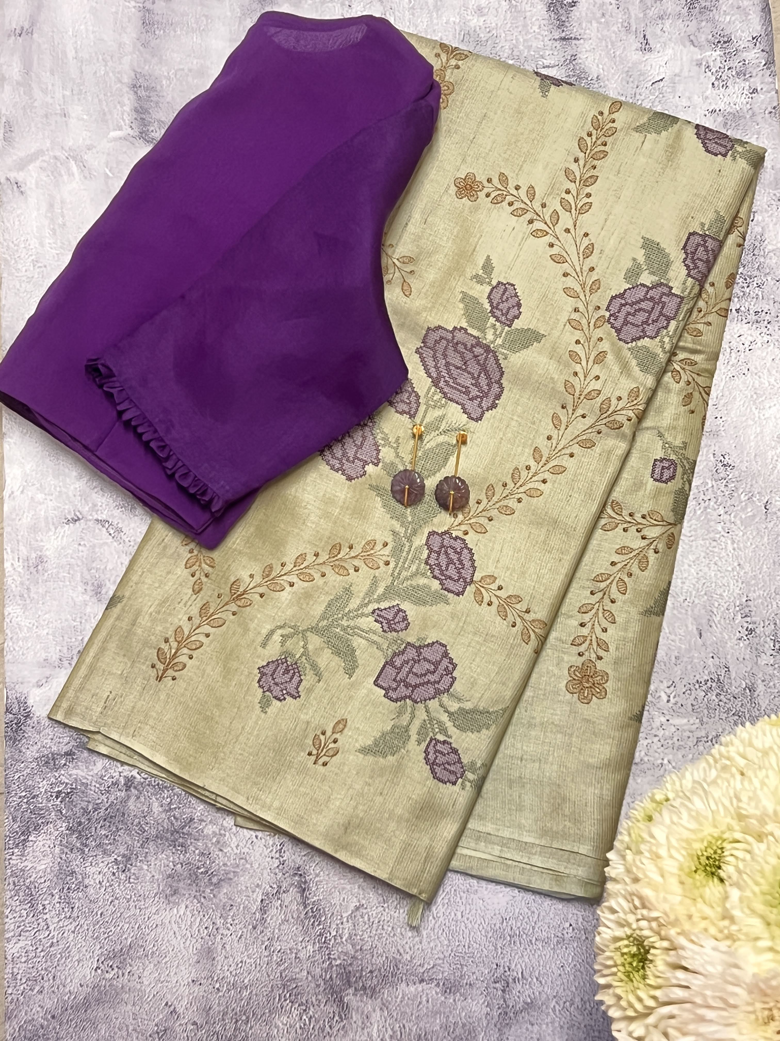 Cross stitch embroidered tussar silk saree