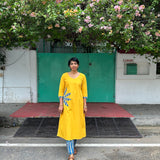 Tropical Blooms Applique Kurta Set - Yellow