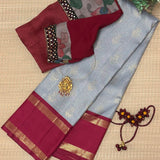 Sumangala Zari Checks Kanchi Silk Saree - Grey