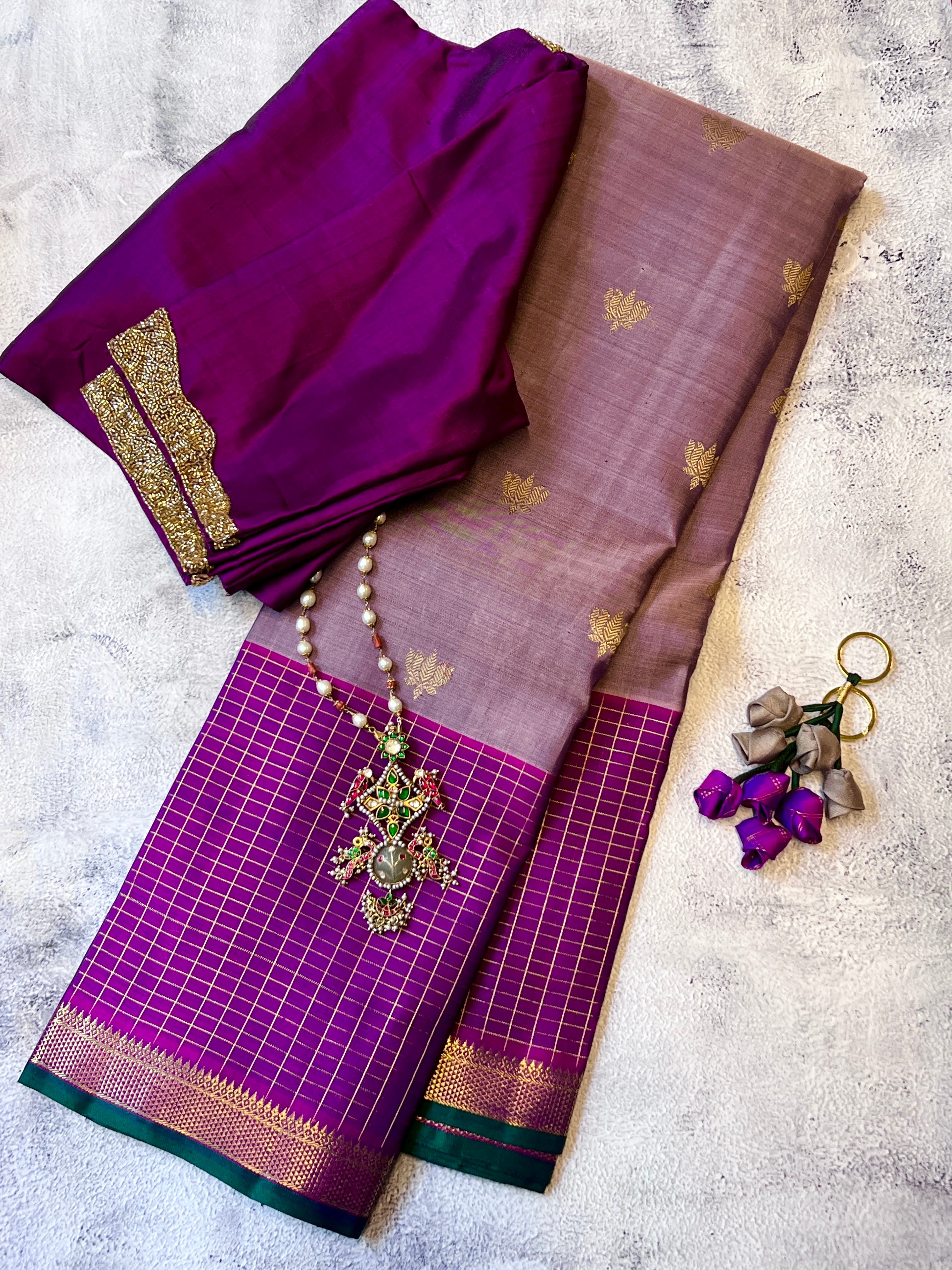 Trayi lotus and checks kanchi silk saree