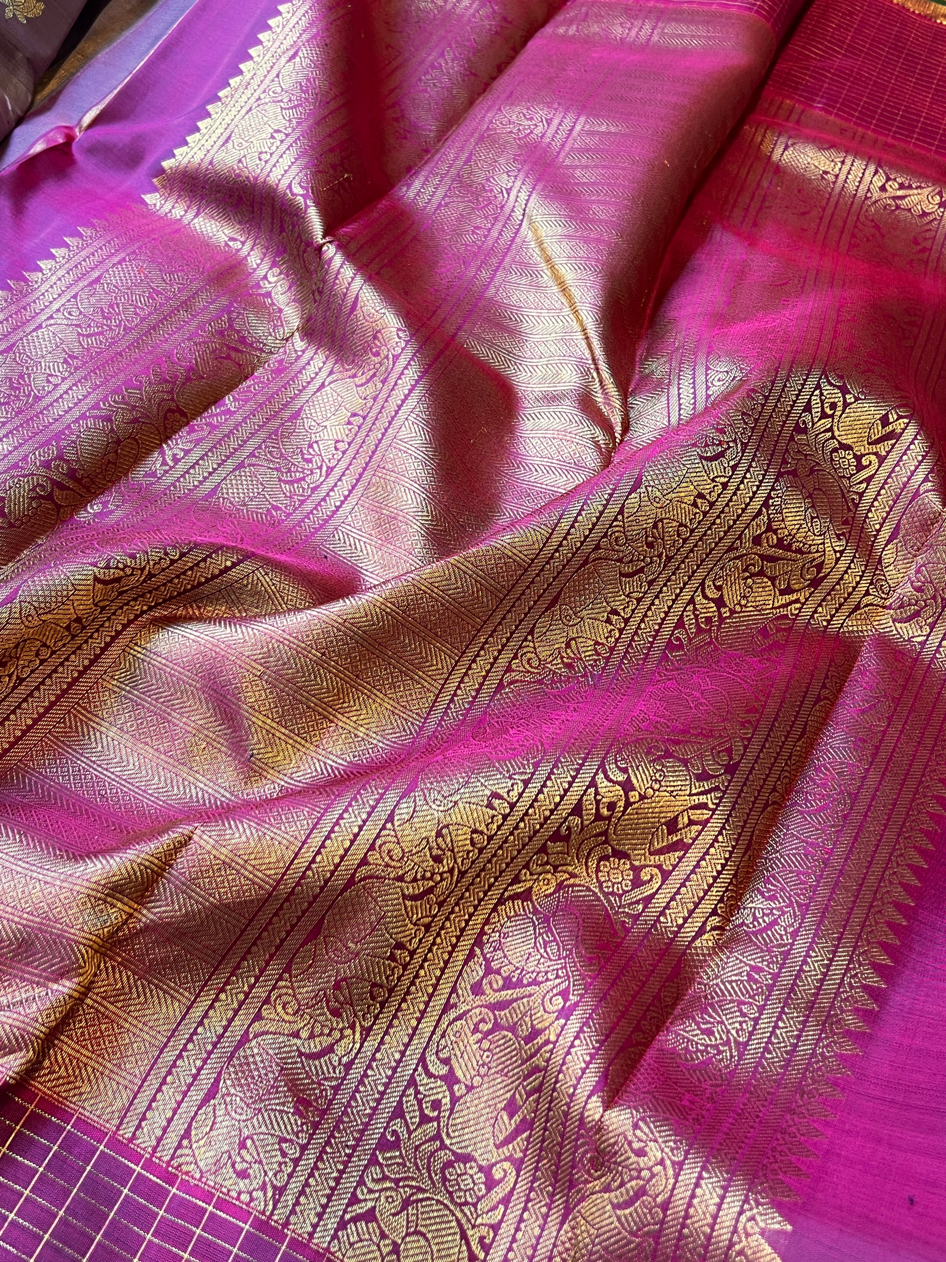 Trayi lotus and checks kanchi silk saree