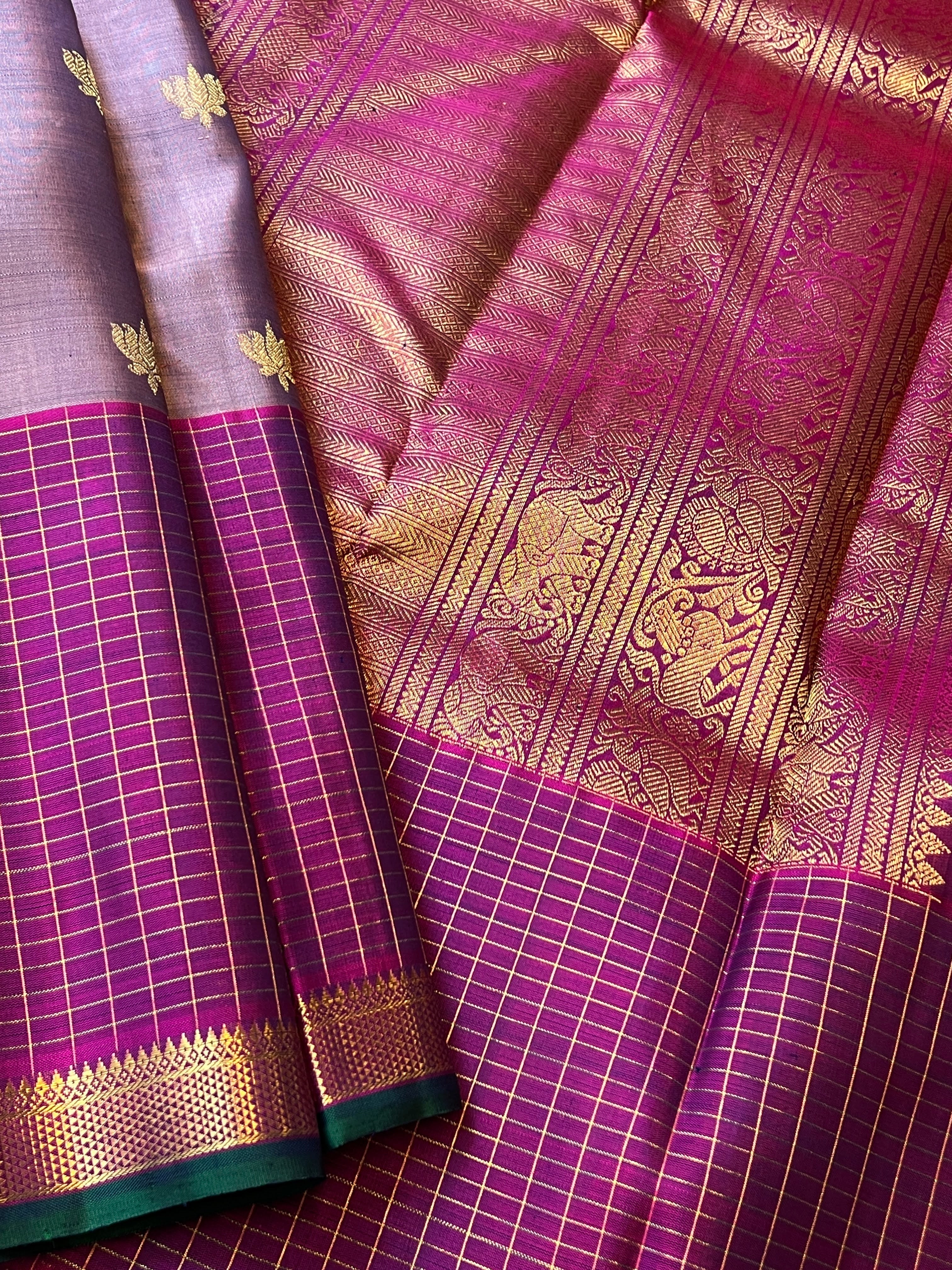 Trayi lotus and checks kanchi silk saree