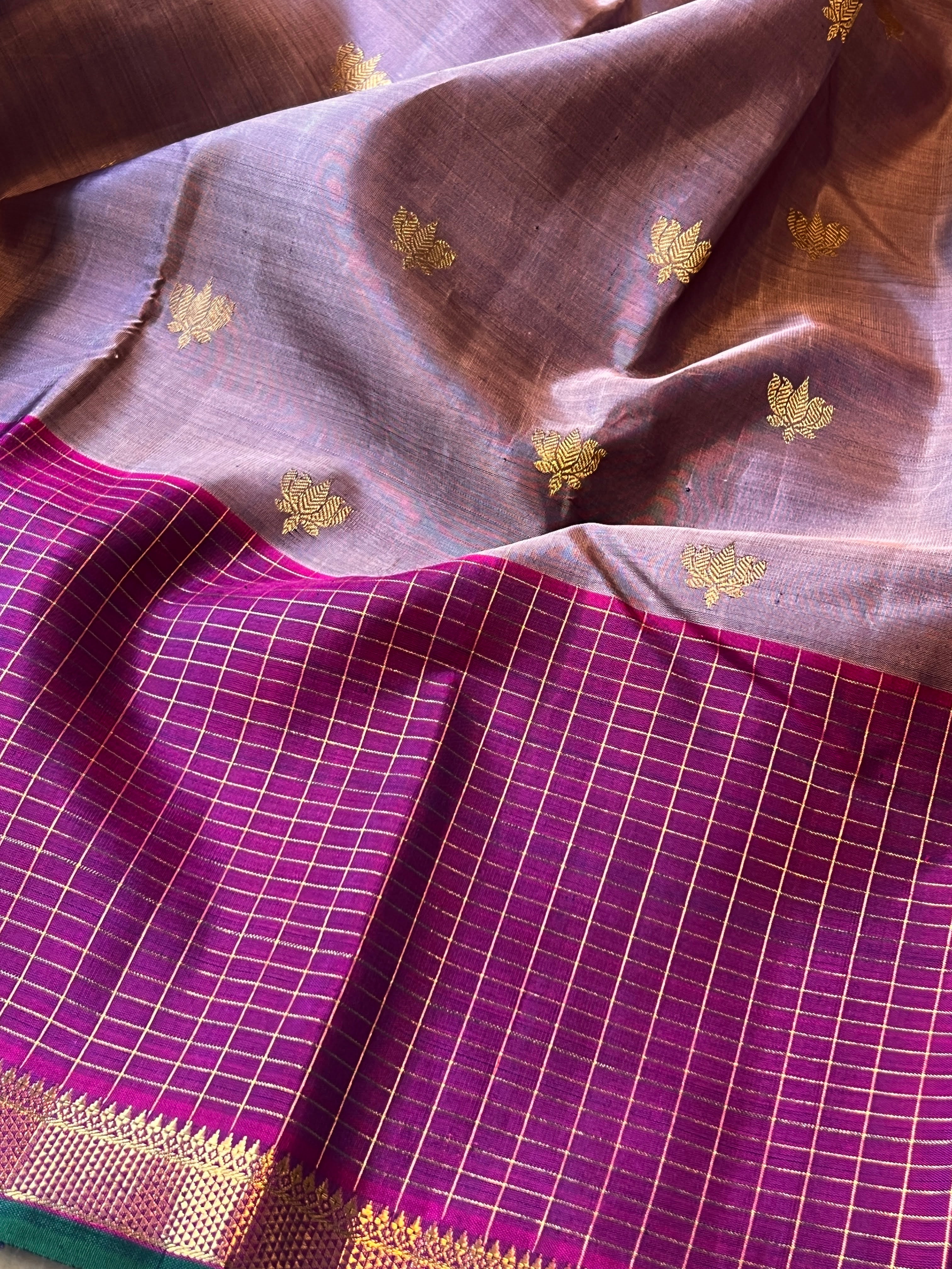 Trayi lotus and checks kanchi silk saree