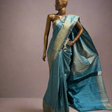 Charita Arctic blue gold silver checked kanchipuram silk saree