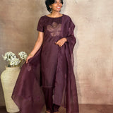 Dark Purple Applique Silk Kurta Set