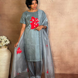 Grey Applique Silk Kurta Set