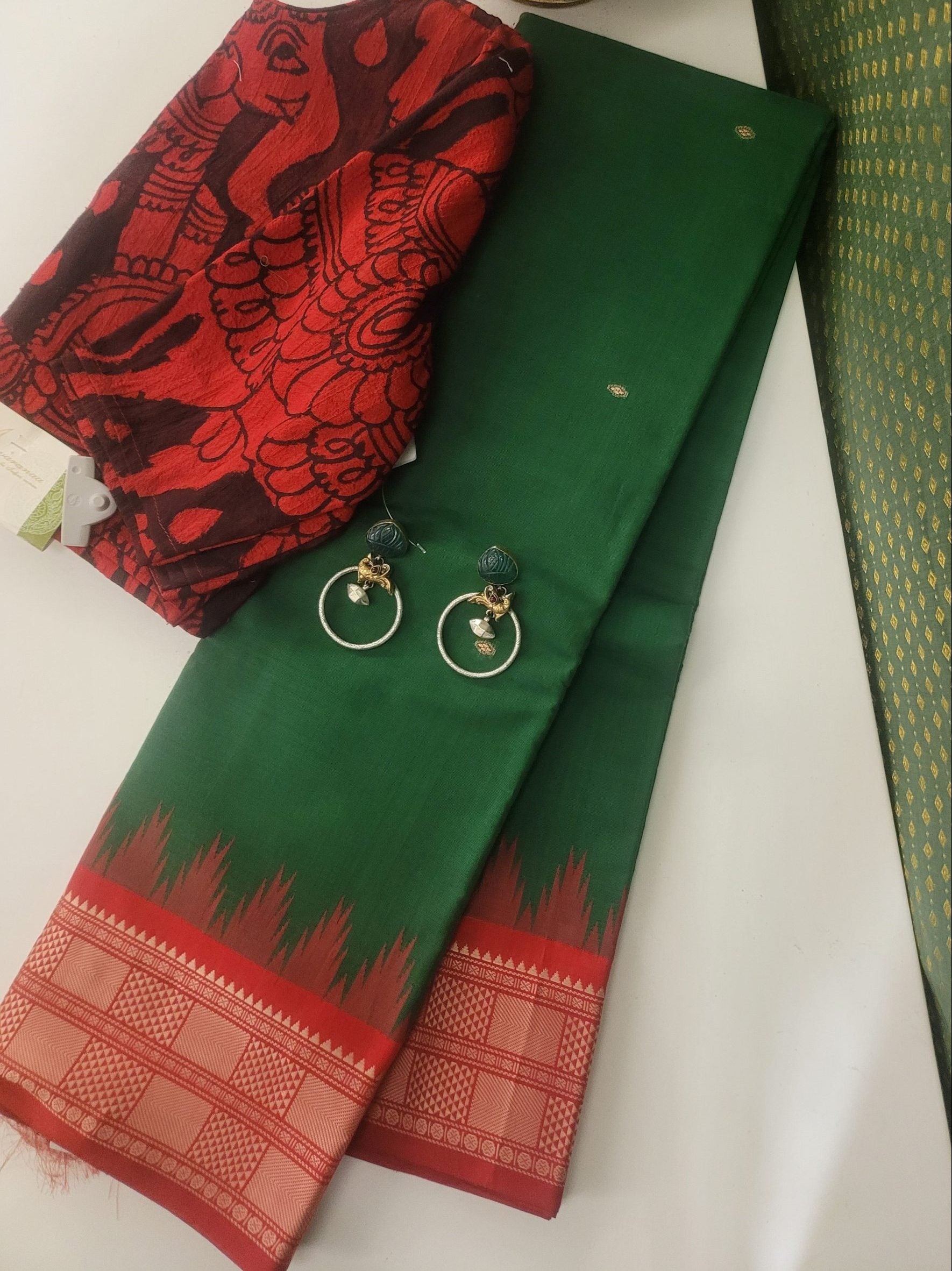 Iniya - Bottle green and orange cotton with Kanchi border (2)