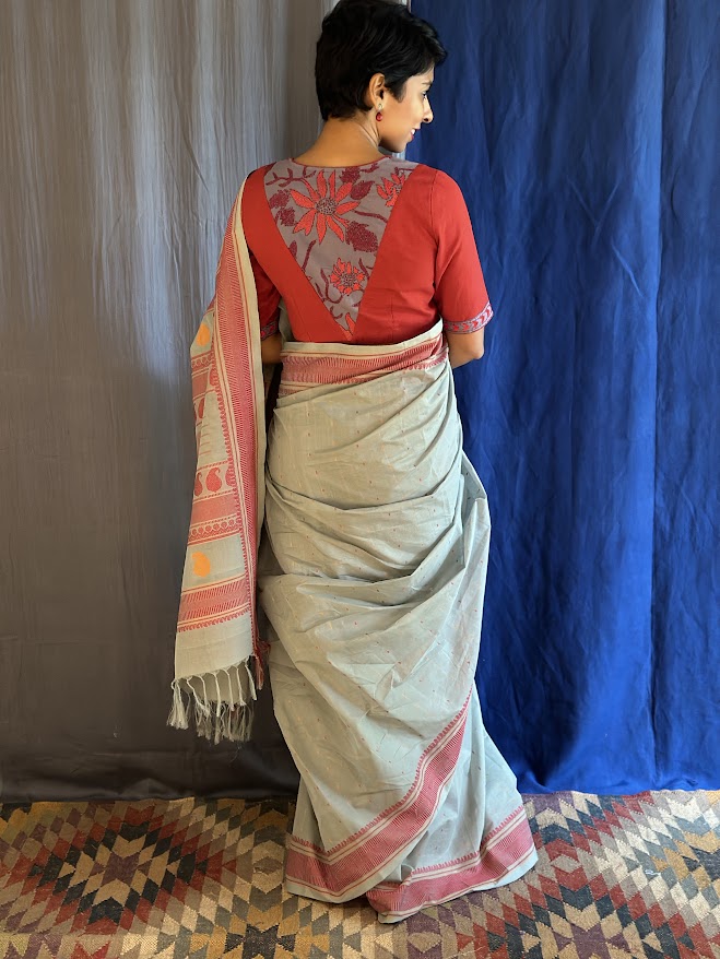 Iniya grey red kanchi cotton saree 1