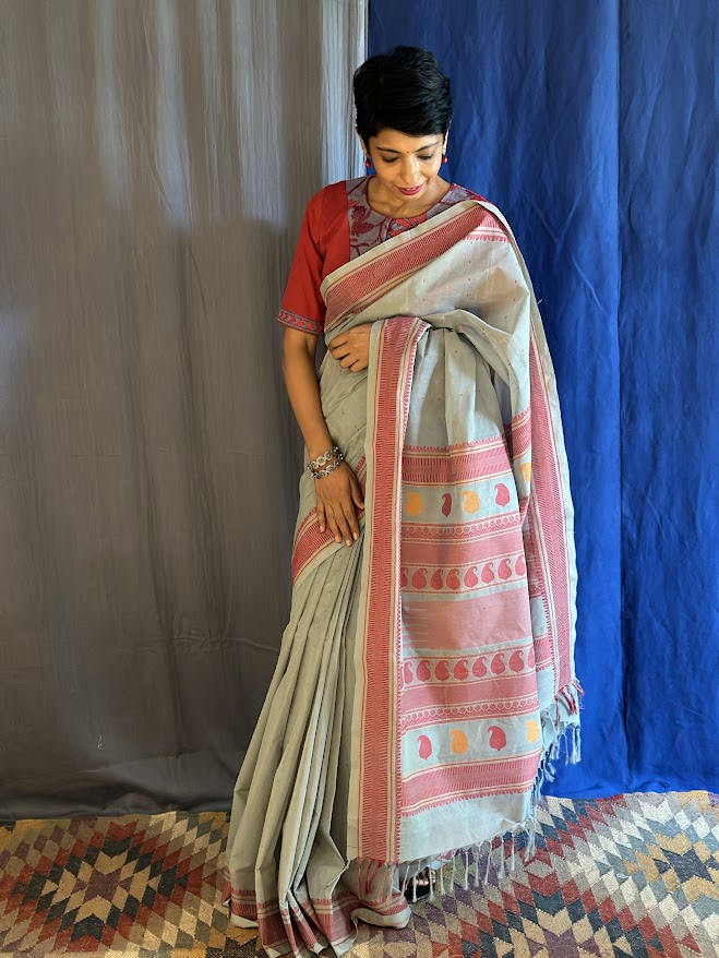 Iniya grey red kanchi cotton saree