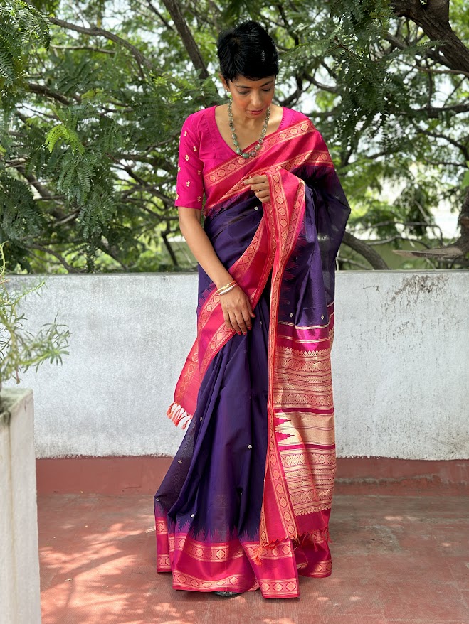 Iniya navy blue and rani pink cotton saree