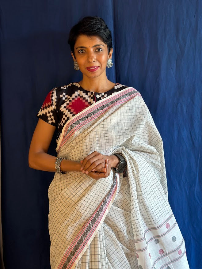 Iniya white checked kanchi cotton saree