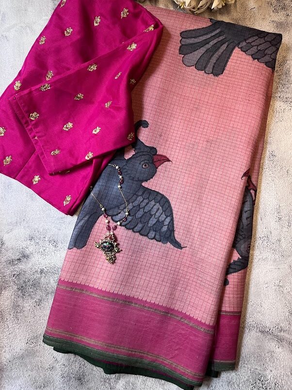 Kalpataru pink bird silk saree