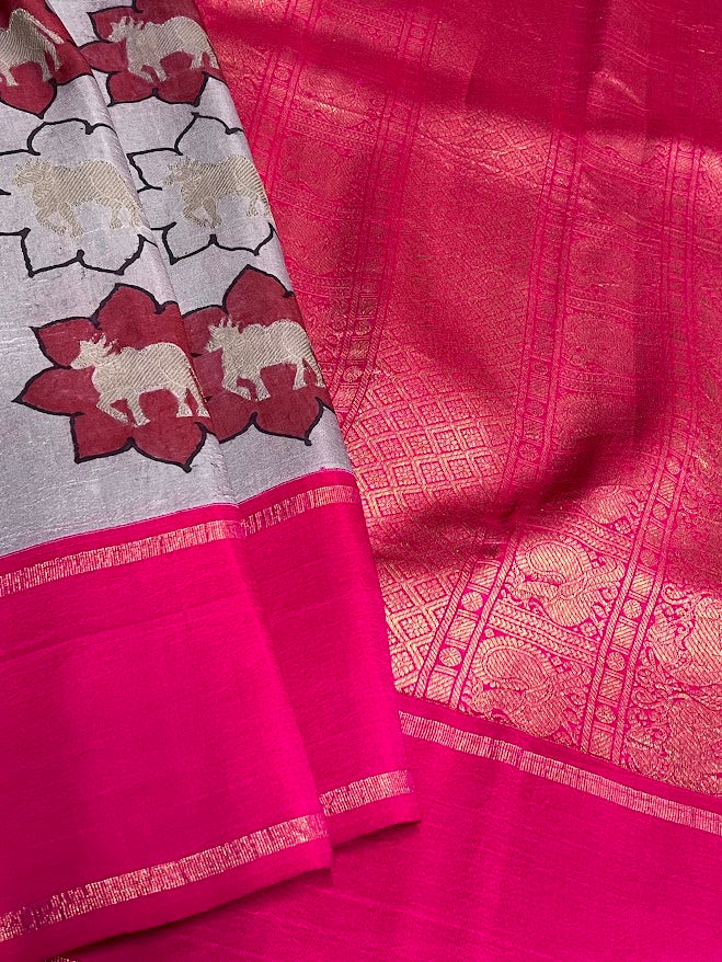 Kalpataru kamadhenu kalamkari silk saree