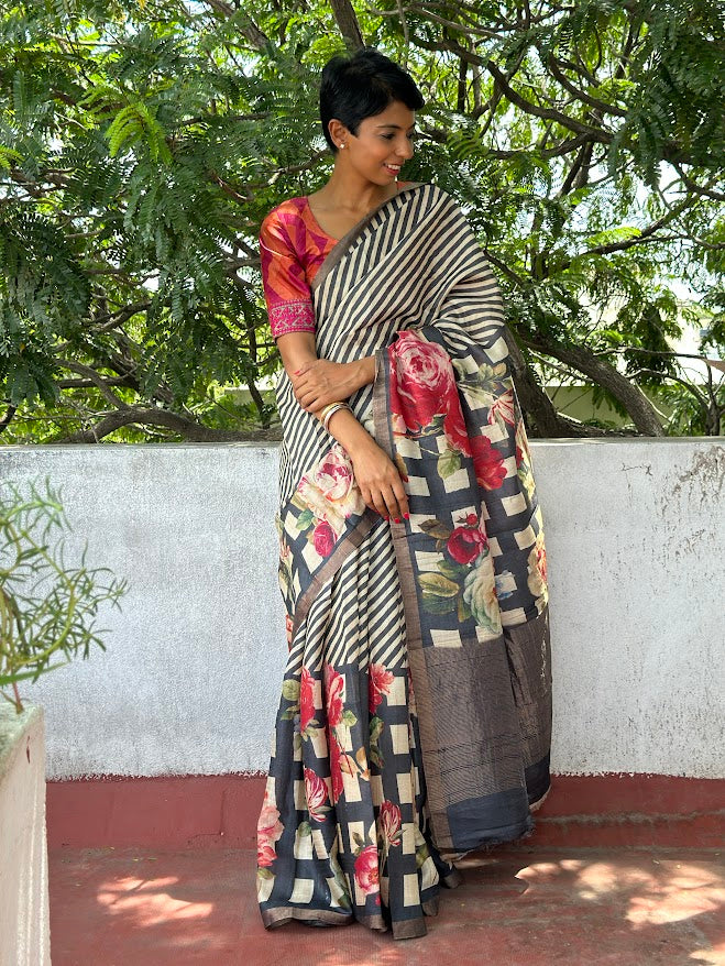 Maya black squares tussar saree