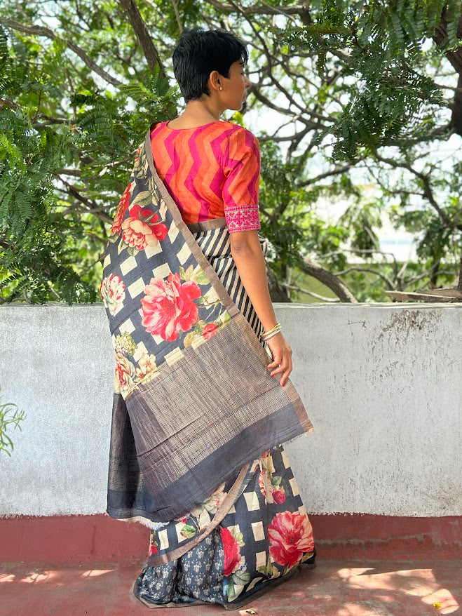 Maya black squares tussar saree