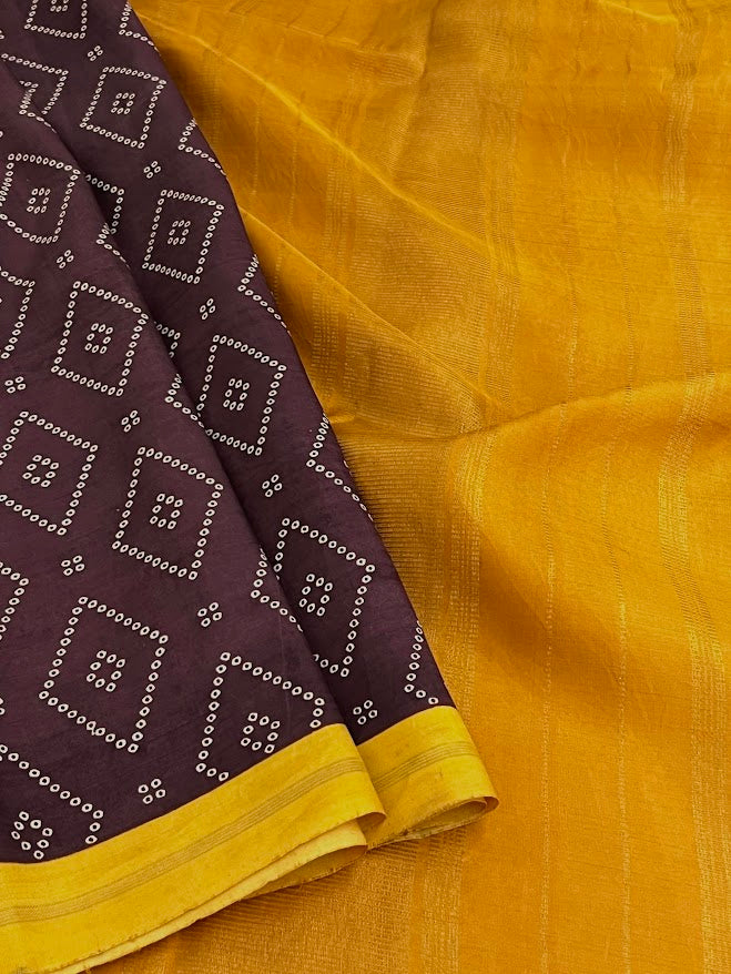 Mila Brown mustard bandhani handprinted kanchipuram silk saree 1