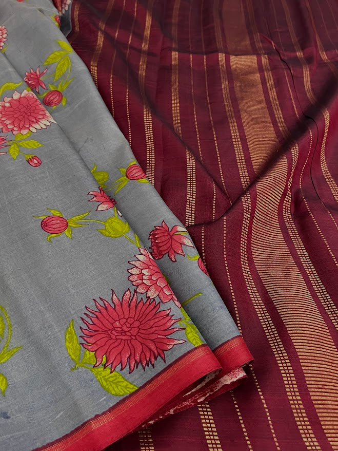 Mila Grey red Carnation handprinted kanchipuram silk saree 1