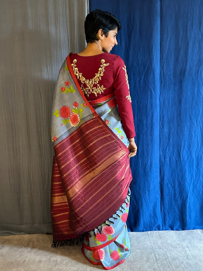 Mila Grey red Carnation handprinted kanchipuram silk saree 6