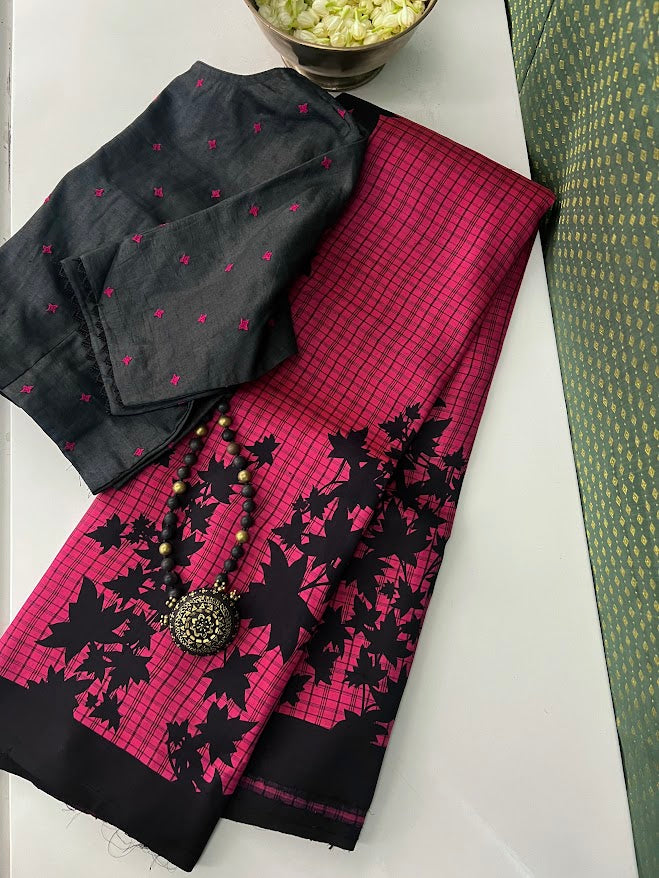 Mila Pink black maple leaf kanchipuram silk saree