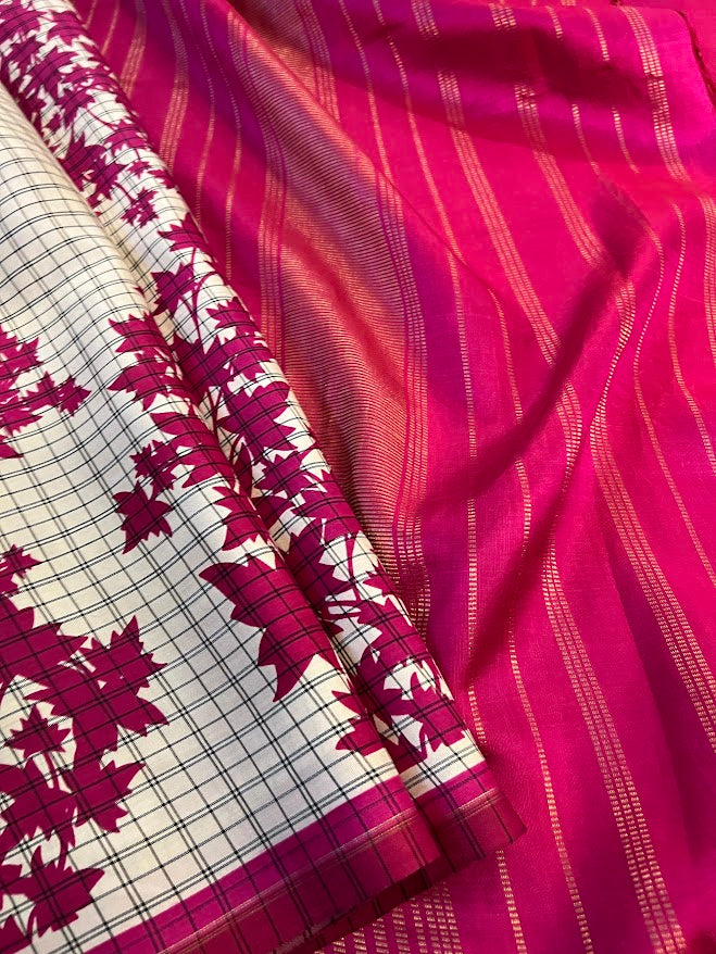 Mila beige pink checked maple leaf printed kanchi silk saree 1