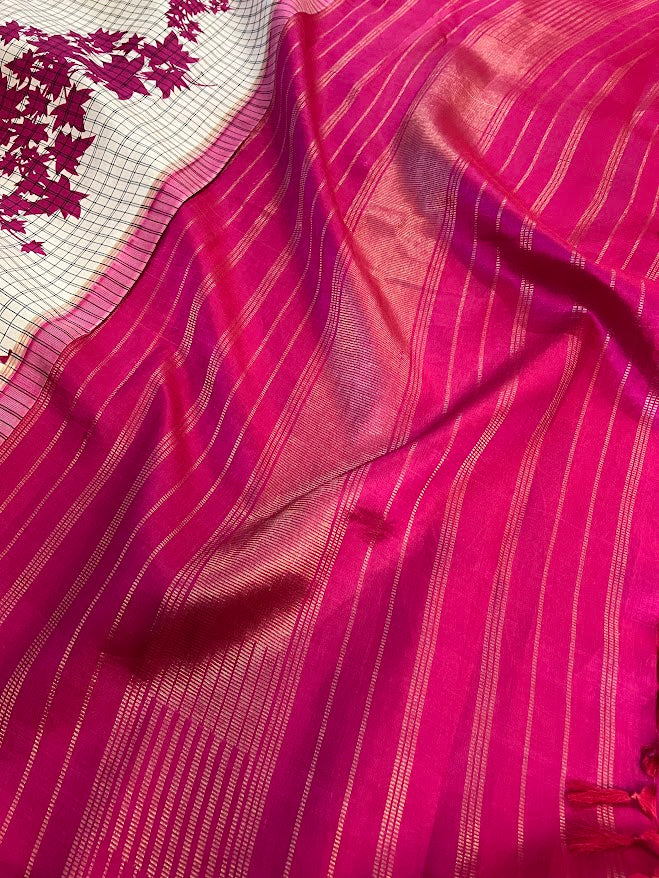 Mila beige pink checked maple leaf printed kanchi silk saree 2