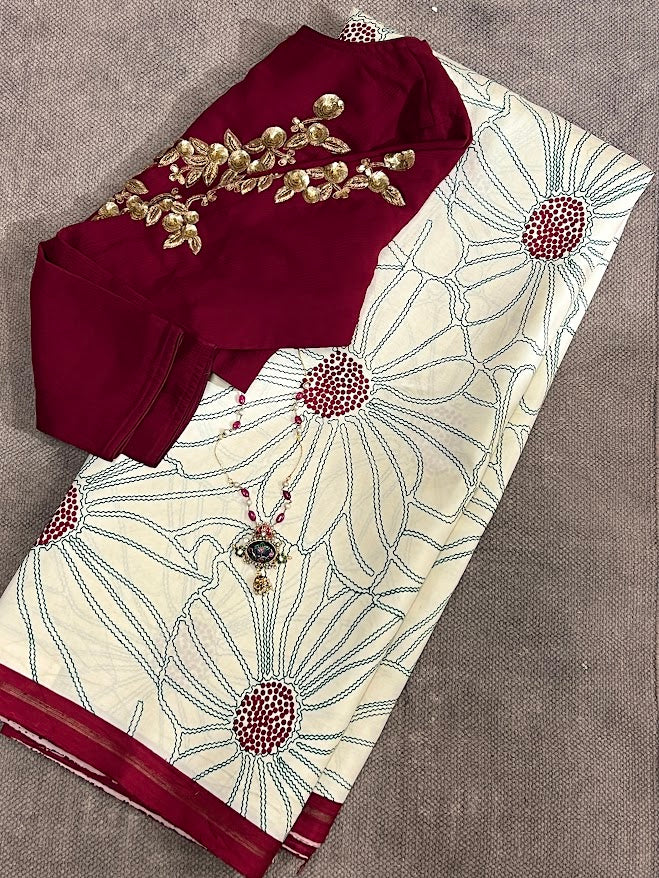 Mila cream red floral kanchi silk saree