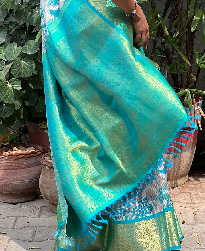 Mila grey teal korvai silk saree 1