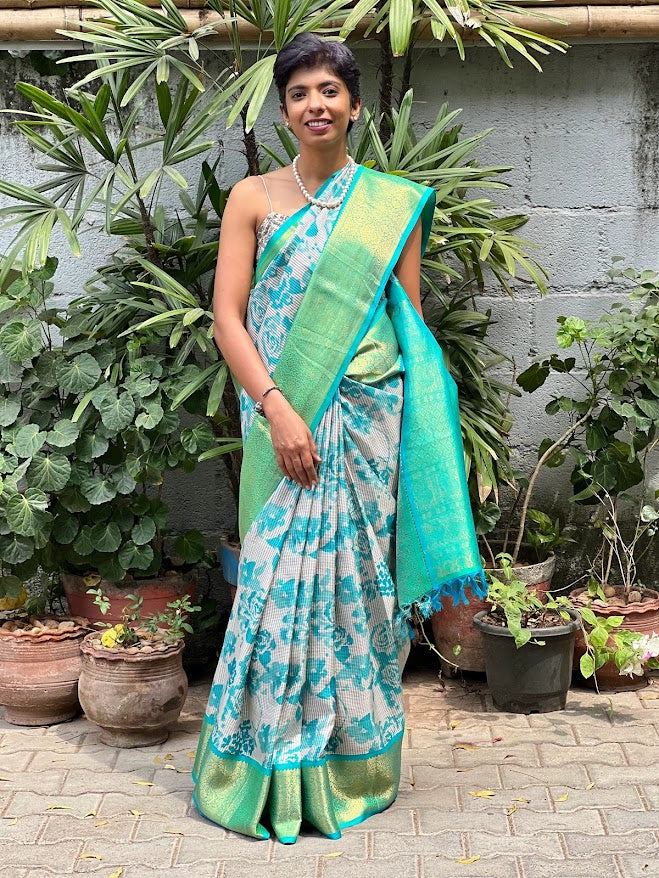 Mila grey teal korvai silk saree 2