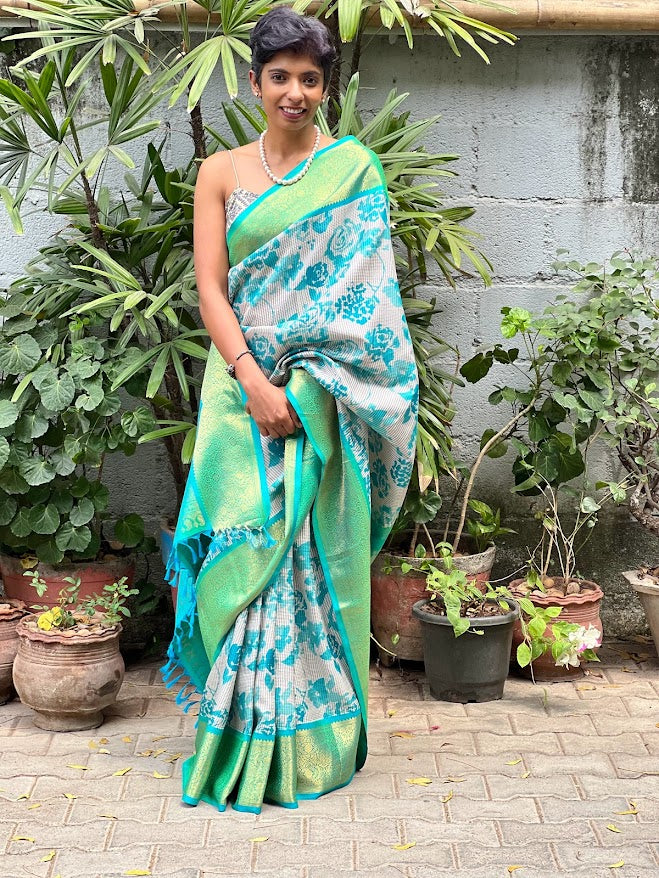 Mila grey teal korvai silk saree 3