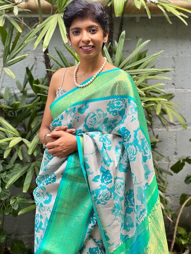 Mila grey teal korvai silk saree