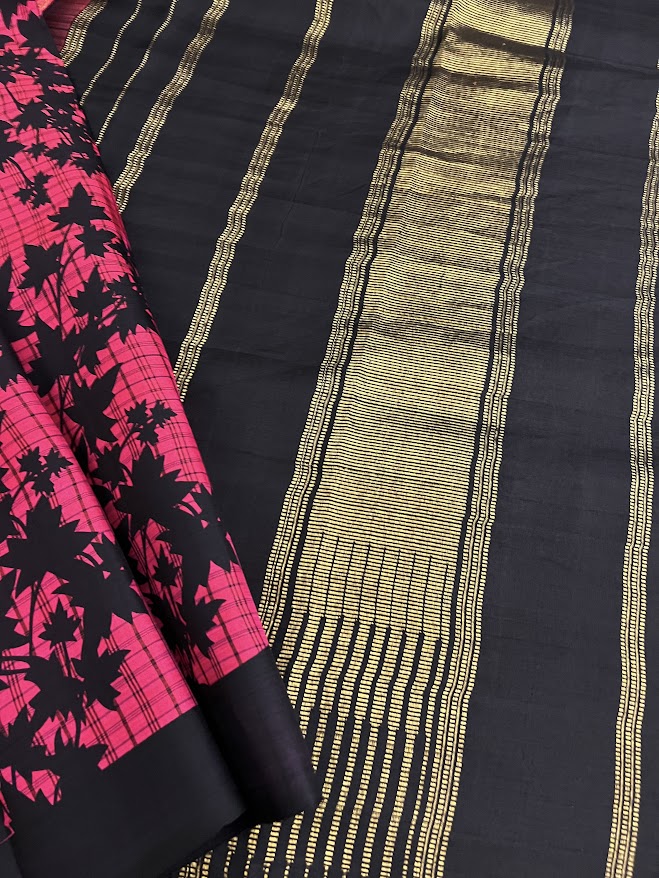 Mila pink black maple leaf printed kanchipuram silk saree 1