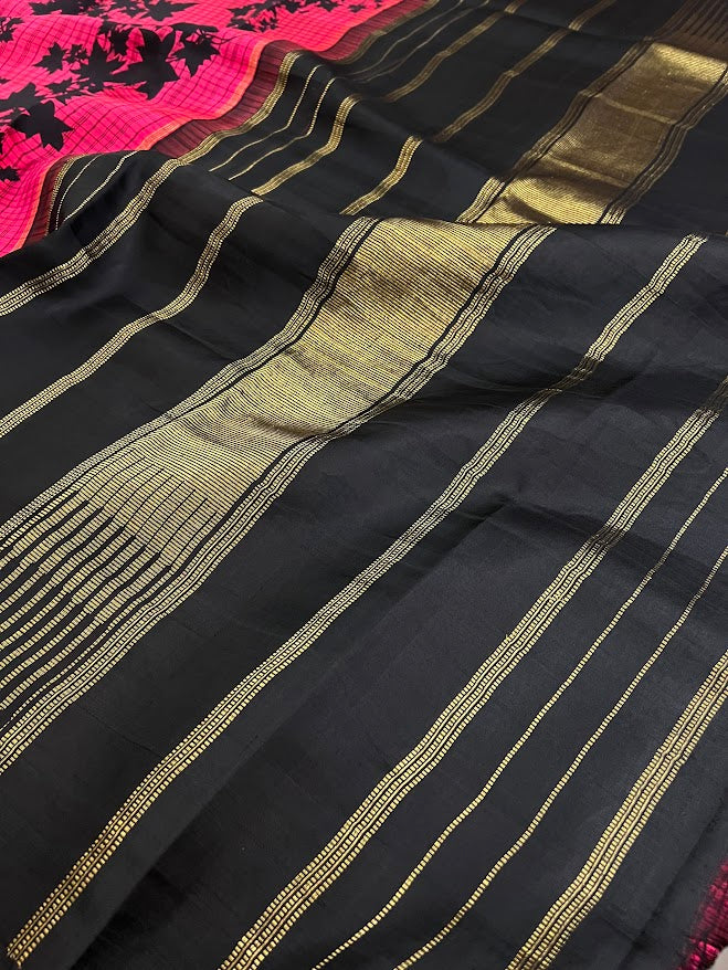 Mila pink black maple leaf printed kanchipuram silk saree 2