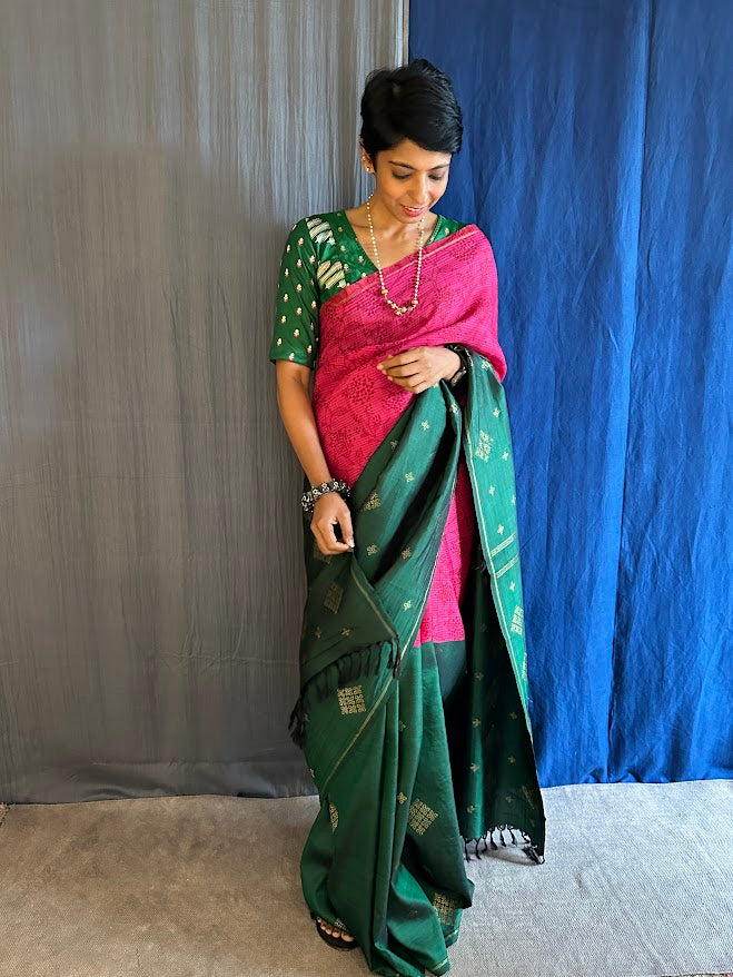 Mila pink green organza kanchipuram saree 5