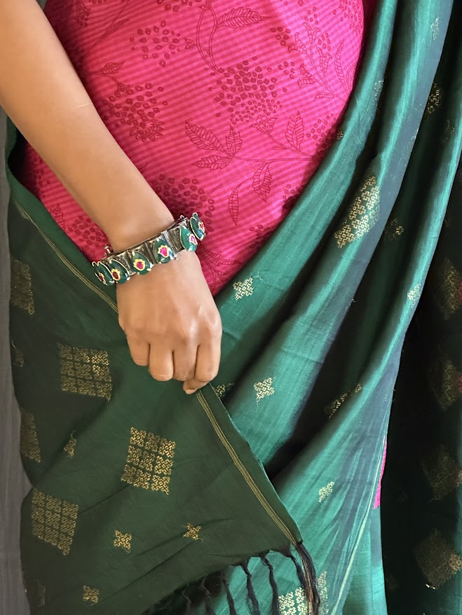 Mila pink green organza kanchipuram saree 8